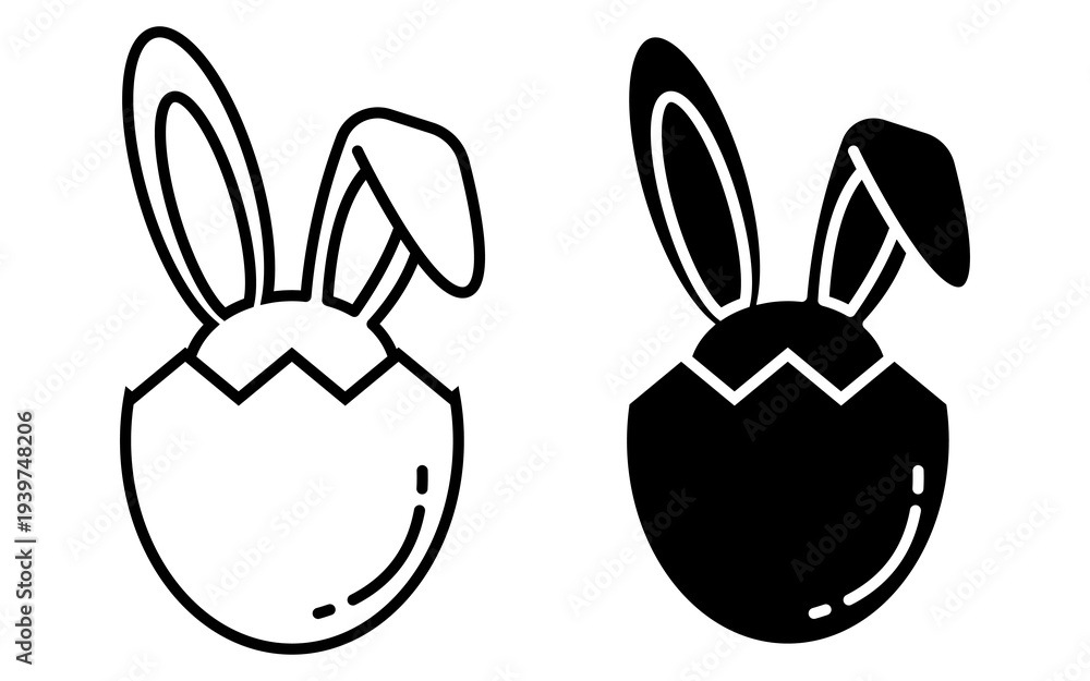 Fototapeta premium Delightful black and white easter icon with bunny ears peeking from a cracked egg design