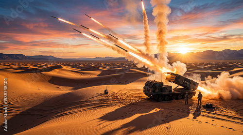 A multi-barrel mobile rocket launcher, firing in a desert during war