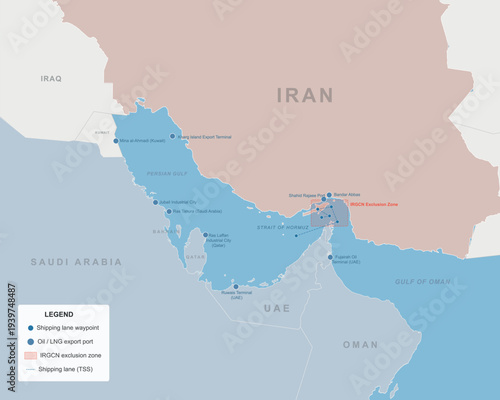 Strait of Hormuz blockade map. Persian Gulf oil shipping lanes, chokepoint zone, and major oil export terminals. Vector map illustration