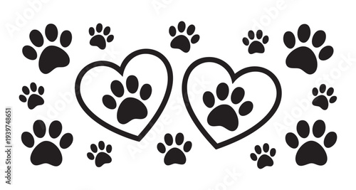 Pet love composition featuring heart shapes and scattered black animal paw prints on white backdrop