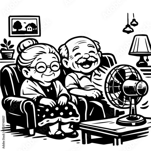 Grand parent sitting with fan passing family time, cartoon, boy, book, illustration, child, people, vector, drawing, reading, school, education, children, woman, business, smile, funny, coloring