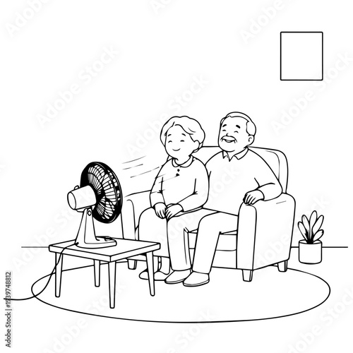 Grand parent sitting with fan passing family time, cartoon, boy, book, illustration, child, people, vector, drawing, reading, school, education, children, woman, business, smile, funny, coloring