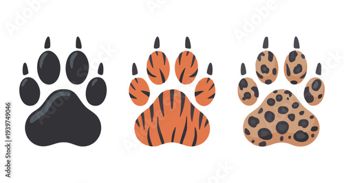 Tiger and leopard animal paw print silhouettes set with orange fur patterns and black claw marks on