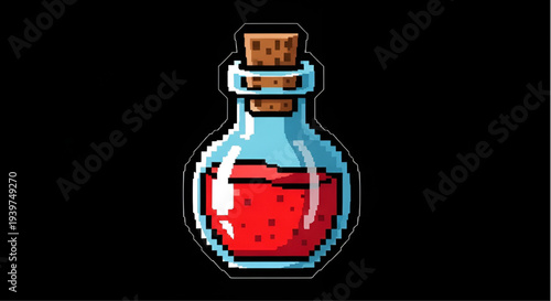 Magic Red Health Potion Glass Bottle Pixel Art Icon for Game Interface