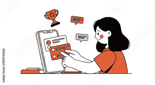 Woman interacting with digital interface on tablet with orange ui elements and speech bubbles in minimalist illustration