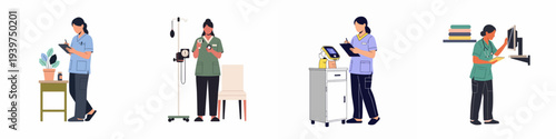 Collection of female nurses performing medical duties: record-keeping, vital sign monitoring, patient care, and digital charting in a healthcare environment.