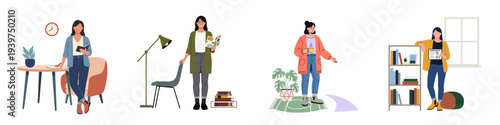Collection of young women studying, working, and relaxing at home or in a library setting, engaging with books, tablets, and coffee.