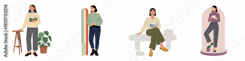 Diverse women illustrations depicting leisure, reading, and contemplative moments in modern, minimalist flat design. Ideal for lifestyle, self-care, and professional themes.