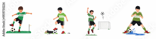 Young boy playing soccer in different scenarios: corner kick, dribbling, scoring, and splashing water in a puddle.