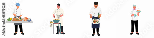 Professional chefs in various culinary stages: from chopping fresh vegetables to mixing ingredients, plating gourmet dishes, and serving hot meals.