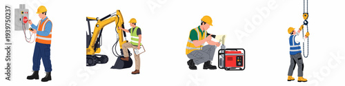 Industrial workers performing maintenance, inspection, and operation tasks on equipment like electrical panels, excavators, generators, and hoists, demonstrating essential job roles.