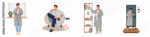 Men enjoying relaxing moments at home in bathrobes and pajamas with hot beverages and books, illustrating domestic leisure.