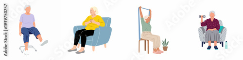 Senior Women's Seated Exercises and Well-being: Illustrations depicting elderly ladies staying active with home workouts and enjoying moments of relaxation.