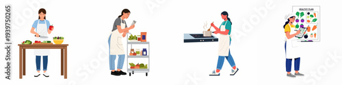 Illustrations of women cooking, preparing ingredients, checking recipes, and planning healthy meals for a balanced diet and nutritious lifestyle.