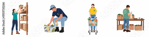 Volunteers actively engaged in food collection, sorting, packing, and distribution, supporting community food banks and hunger relief efforts. A visual representation of charity and aid.