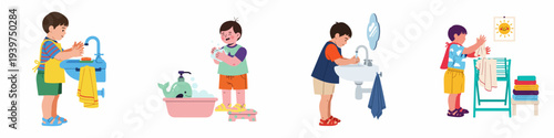 Young boys practicing daily personal hygiene: washing hands and face, then drying with towels, promoting cleanliness and health.