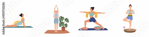 Collection of women practicing various yoga poses, demonstrating wellness, mindfulness, and healthy lifestyle activities on mats with natural elements and props.