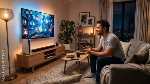 Male Gamer with Controller Playing Video Game in Living Room