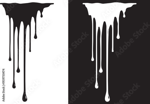 Fluid Abstract: A graphic illustration of paint drips, contrasting black and white, creating a modern, expressive art piece. 