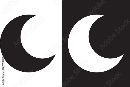 Day and Night: A graphic representation juxtaposes two crescent moons, one in stark black against a white backdrop and its mirror image in white against a black field, symbolizing duality and balance.