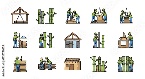 Construction worker set icons building house stages.