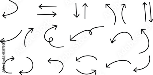 A collection of hand drawn arrows in various directions and styles including straight curved and bent arrows with different tips and line thicknesses