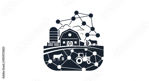 Farm tractor with barn and animals.