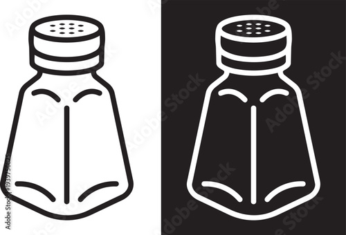 Salt Shaker Icon in Contrast: A minimalist illustration showcases the classic form of a salt shaker, presented in stark contrast. One version is set against a dark background.