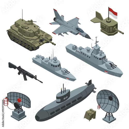 Military Equipment and Vehicles Set with Radar and Satellite.