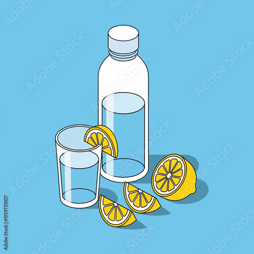 Refreshing lemon water in a glass and bottle with sliced lemons.