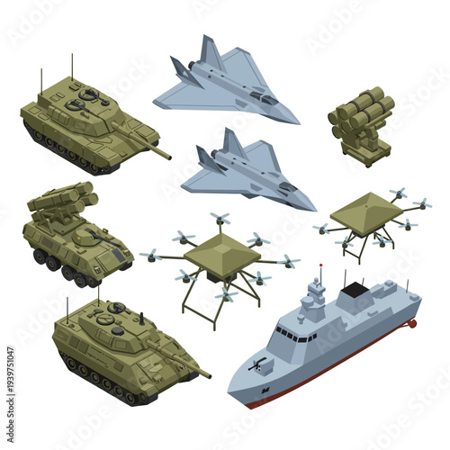Military Vehicles and Equipment Set with Tanks, Aircraft, and Naval Ship.