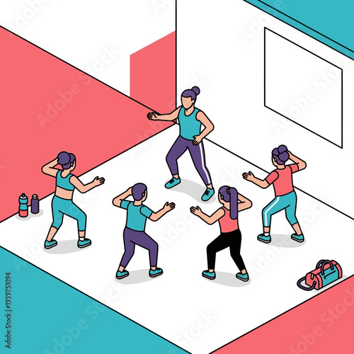 Group Fitness Class Illustration with Instructor and Participants.