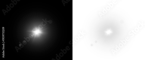 Dynamic bright digital lens flare with prominent starburst effect and subtle light reflections suitable for overlay visuals on transparent background. 