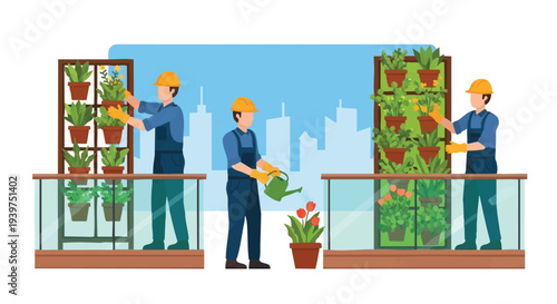 urban gardening men tending plants on balcony.