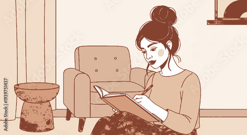 Woman sitting on floor reading tablet in cozy living room with armchair and side table in soft monochromatic color scheme