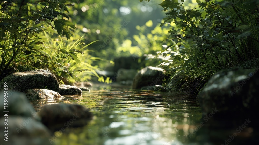 Fototapeta premium Serene waterscape of a tranquil stream flowing through lush greenery