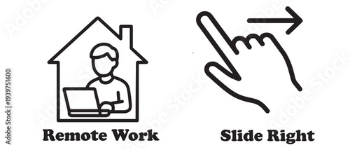 Remote Work and Hand Gesture Icon Set - Work from Home and Swipe Right Illustration