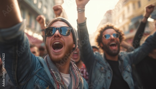 Joyful Soccer Supporters Celebrate Team Win As They Walk Through The Streets In Euphoria And Excitement.