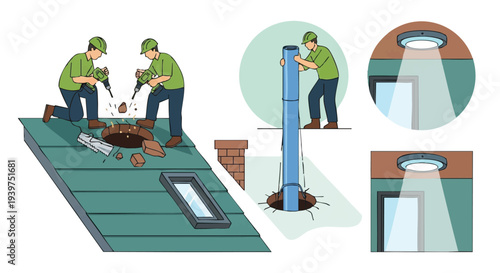 roof vent pipe installation workers construction.