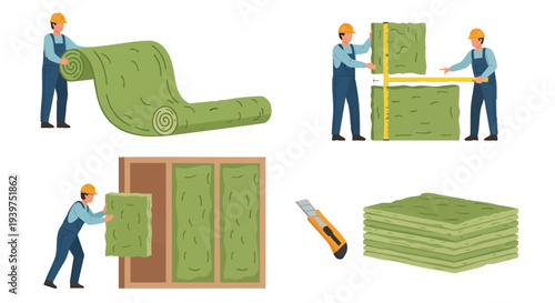 Insulation Installation by Workers with Green Material.