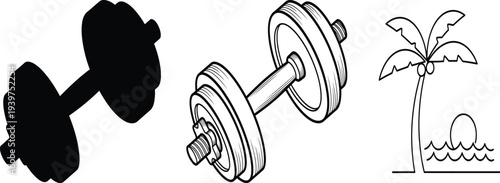 Fitness elements with palm tree and dumbbells