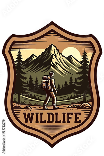 Embark on an Adventure A Hiker Explores Majestic Mountains and Pristine Forests in a Scenic Wildlife Emblem