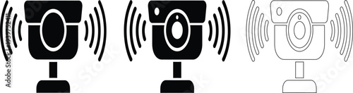 Black and white illustration of three speakers with sound waves