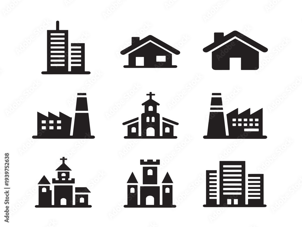Fototapeta premium Minimalist black and white building icons set