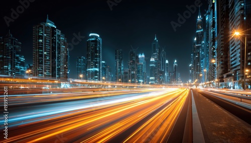 Long Exposure Photograph Capturing The Motion Of Cars On A Nighttime Road In The Modern City Of Dubai. The Image Showcases The Dynamic Cityscape.