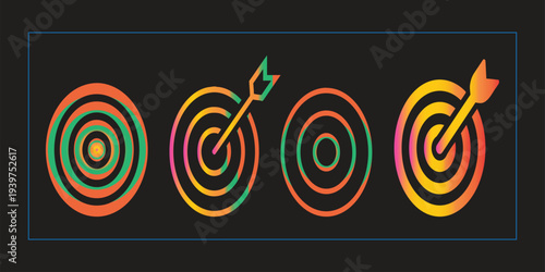 Vibrant target practice with colorful arrows on black background