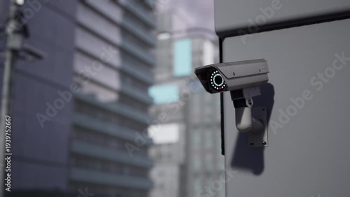 Modern Outdoor Cctv Security Camera Mounted On Building Wall With Blurred City Background