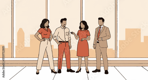 Four professionals standing together in a bright modern office space with a cityscape view discussing and collaborating in a relaxed