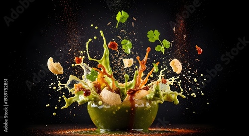 Vibrant green bowl overflowing with colorful sauce splashes and spices