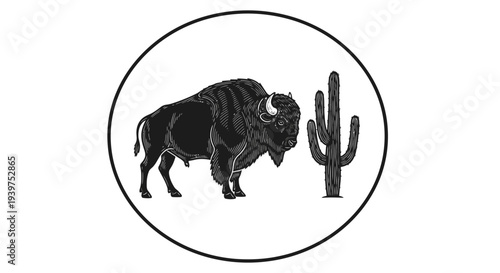 Black bison standing next to cactus.
